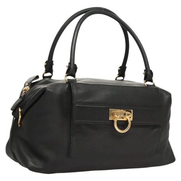 Salvatore Ferragamo Gancini Shoulder Bag Leather Black Gold Auth 124617 - Picture 1 of 16